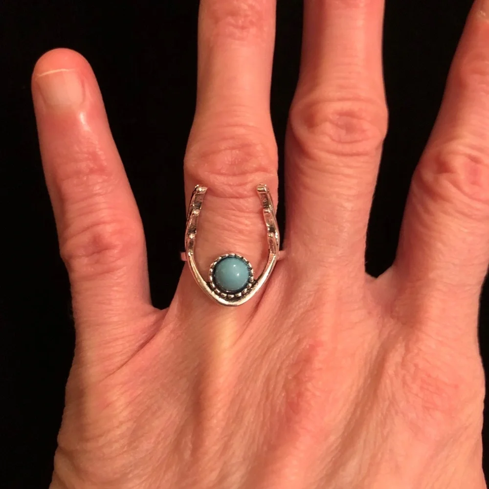 Silver Tone Deer Antler Turquoise Ring